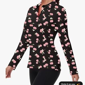 Women's Black Cherry Print Long-Sleeve Polo Top W/SPF 50 NWT Size Small